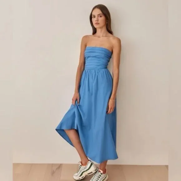 NEW Reformation Lissa Cotton Midi Dress Azure Blue Removable Strap | US 2 UK 6 - Picture 2 of 13